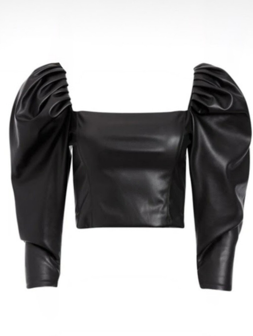Alice + Olivia $382 Francesca Black Faux Leather Puff-Sleeve Top Women's 10
